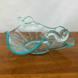 Vintage Fenton aquamarine blue etched glass dish with dolphin handles
